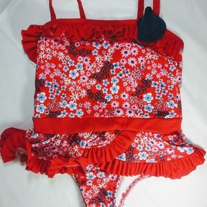 Swim Suit Ruffled Red White & Blue Floral Girls 3T